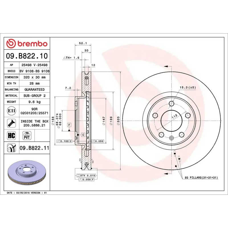 BREMBO 09.B822.10 Disco de freno (Unidad)