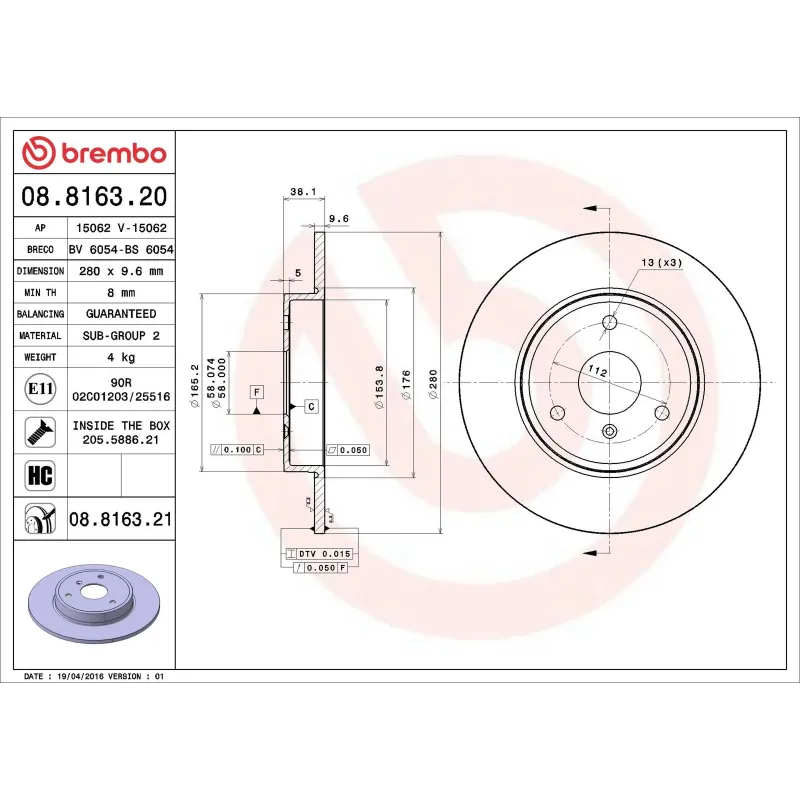 BREMBO 08.8163.20 Disco de freno (Unidad)