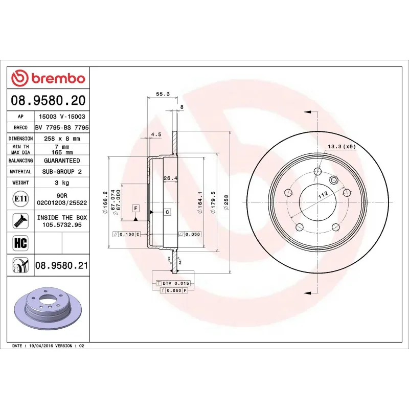 BREMBO 08.9580.20 Disco de freno (Unidad)