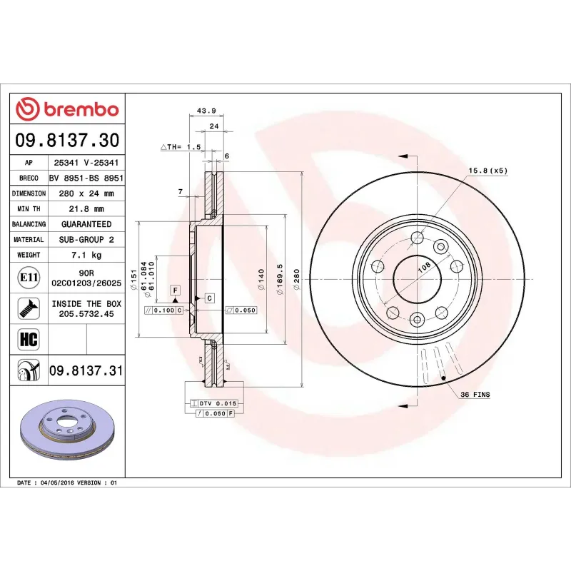 BREMBO 09.8137.30 Disco de freno (Unidad)