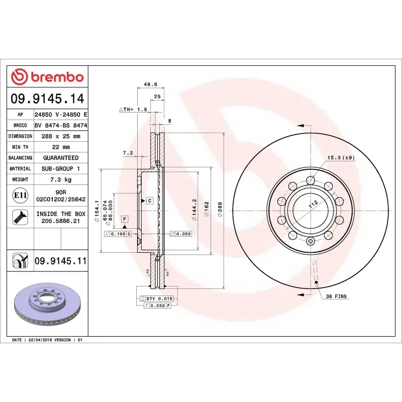 BREMBO 09.9145.11 Disco de freno (Unidad)
