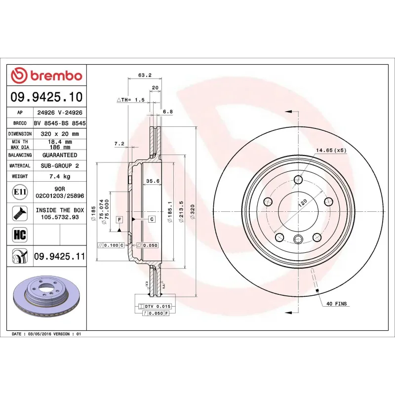 BREMBO 09.9425.10 Disco de freno (Unidad)