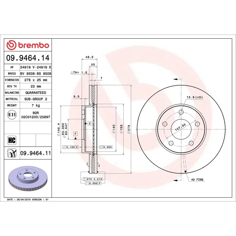 BREMBO 09.9464.14 Disco de freno (Unidad)