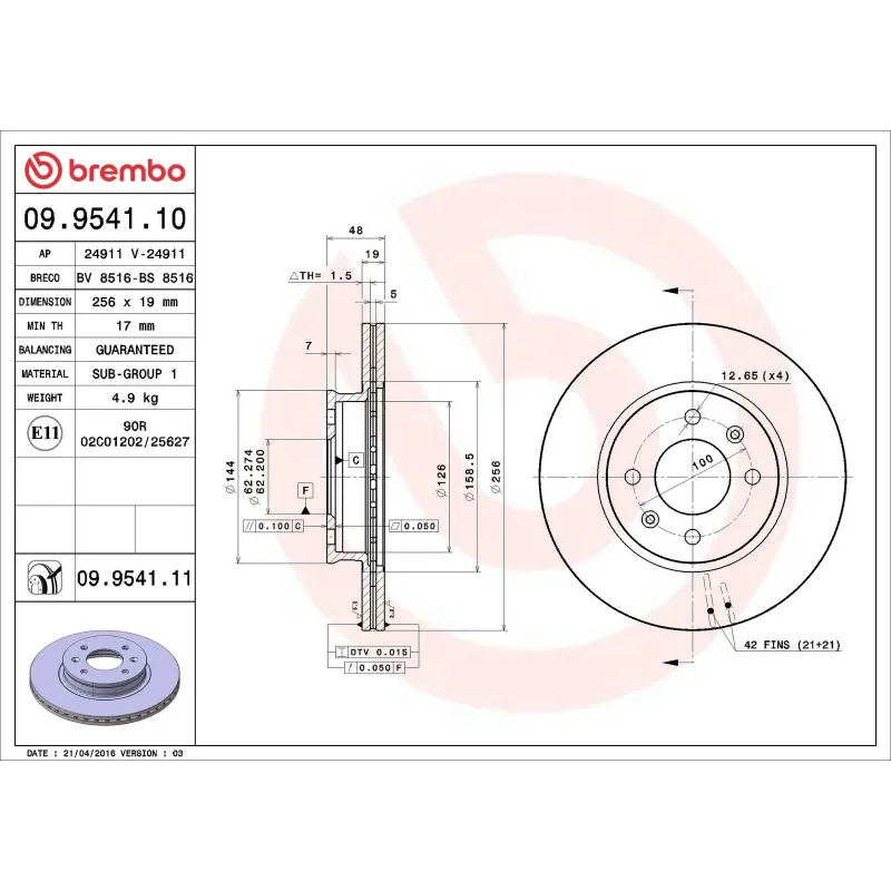 BREMBO 09.9541.10 Disco de freno (Unidad)