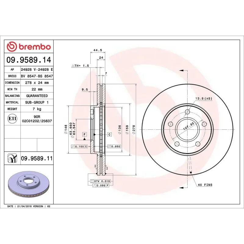 BREMBO 09.9589.14 Disco de freno (Unidad)