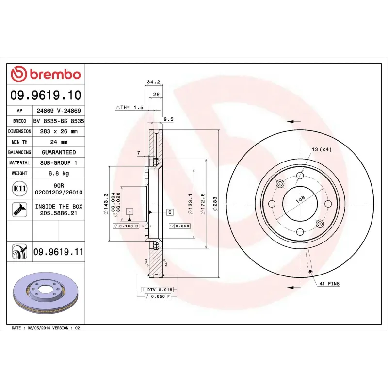 BREMBO 09.9619.10 Disco de freno (Unidad)
