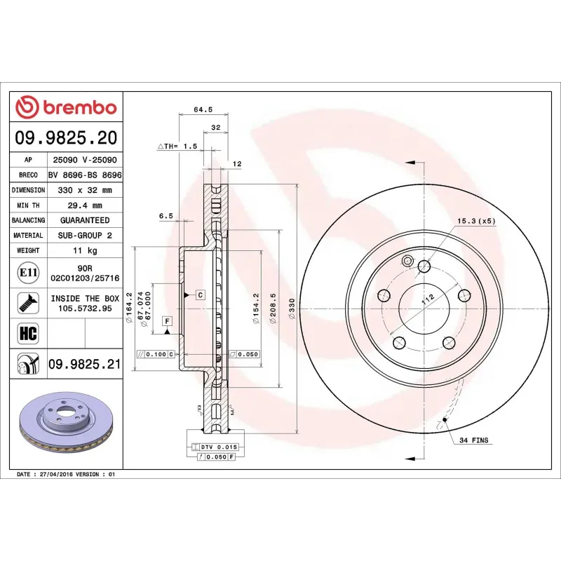 BREMBO 09.9825.20 Disco de freno (Unidad)