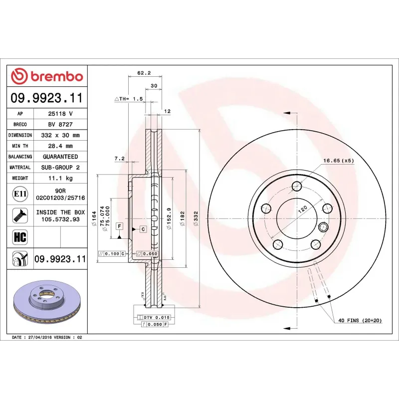 BREMBO 09.9923.11 Disco de freno (Unidad)
