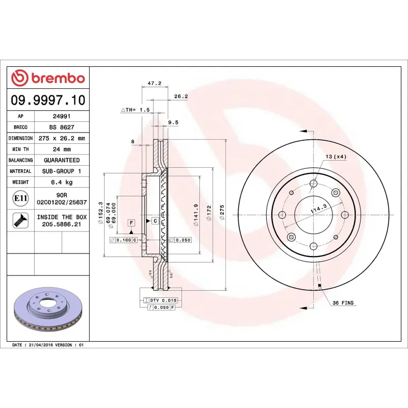 BREMBO 09.9997.10 Disco de freno (Unidad)