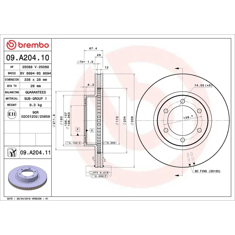 BREMBO 09.A204.10 Disco de freno (Unidad)
