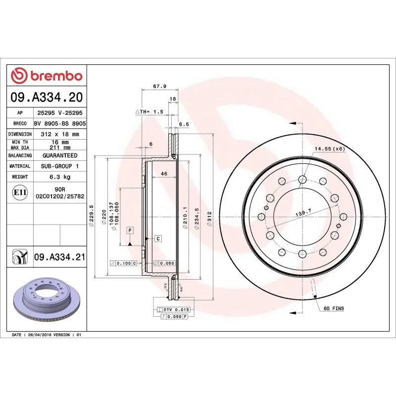 BREMBO 09.A334.20 Disco de freno (Unidad)