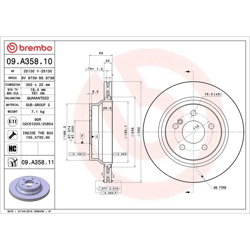 BREMBO 09.A358.10 Disco de freno (Unidad)