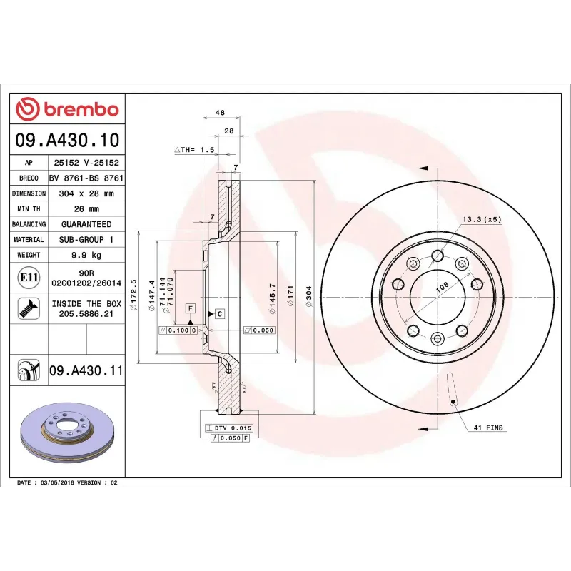 BREMBO 09.A430.10 Disco de freno (Unidad)