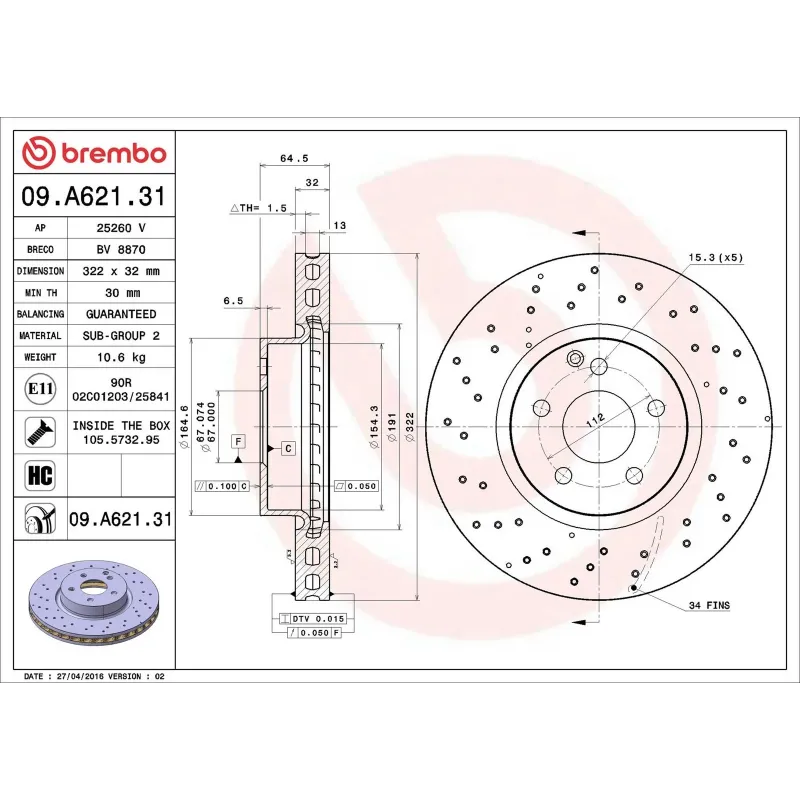 BREMBO 09.A621.31 Disco de freno (Unidad)