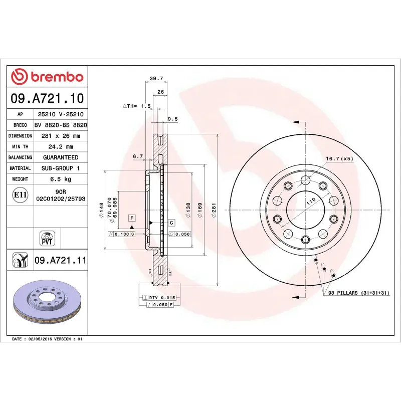 BREMBO 09.A721.10 Disco de freno (Unidad)