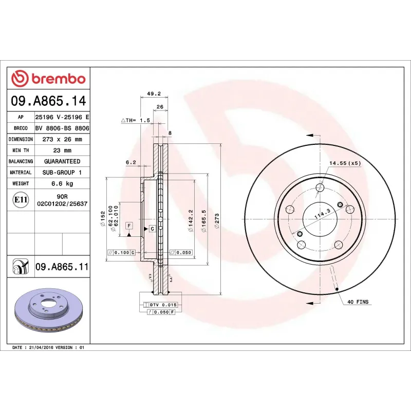 BREMBO 09.A865.14 Disco de freno (Unidad)