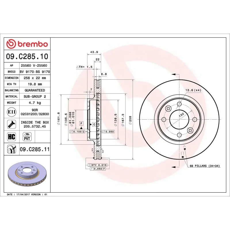 BREMBO 09.C285.11 Disco de freno (Unidad)
