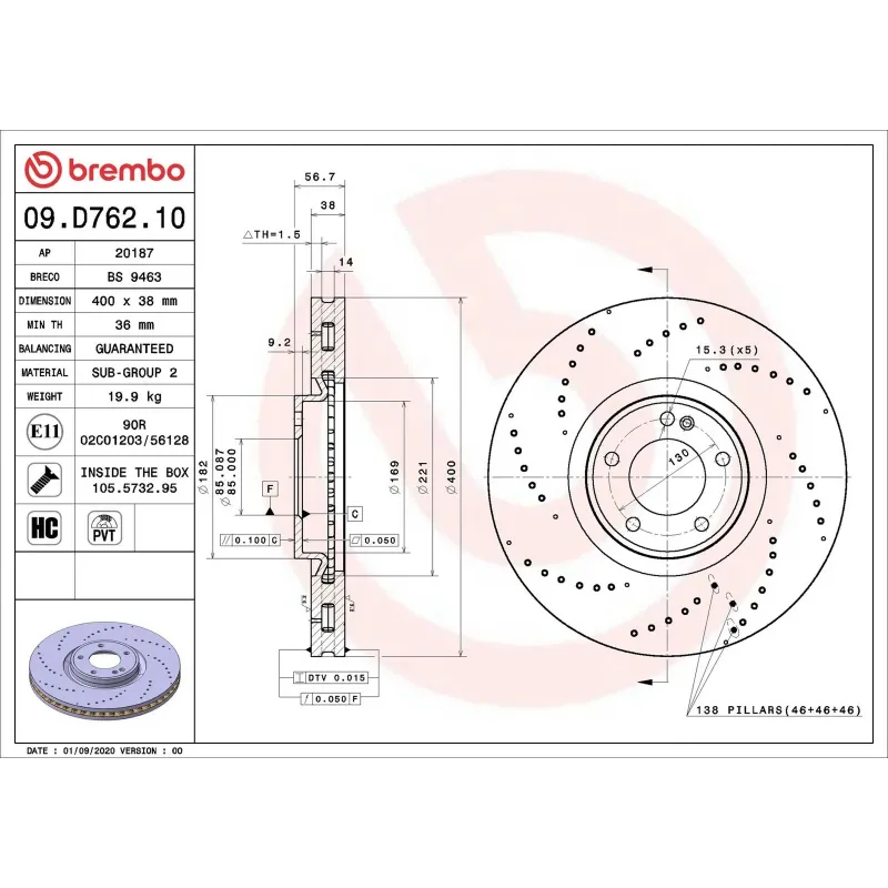 BREMBO 09.D762.10 Disco de freno (Unidad)