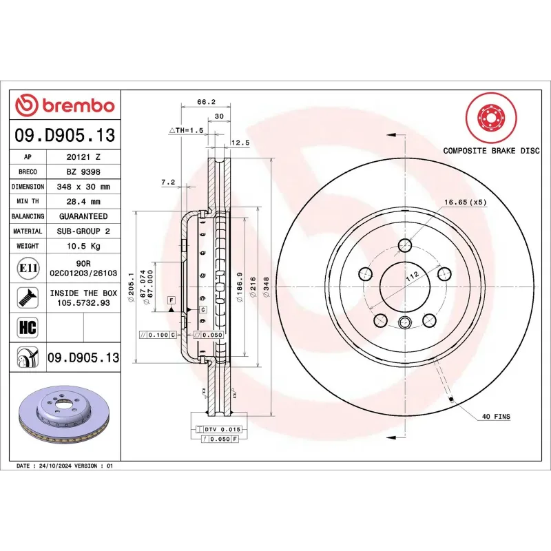 BREMBO 09.D905.13 Disco de freno (Unidad)
