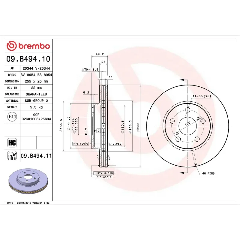 BREMBO 09.B494.10 Disco de freno (Unidad)
