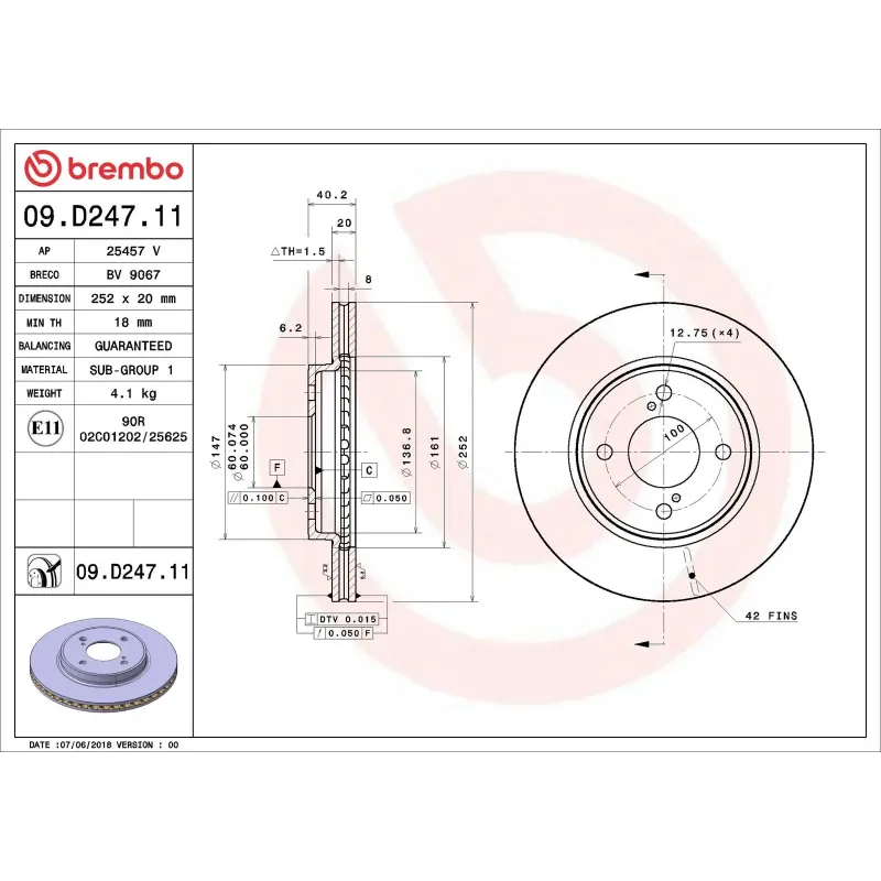 BREMBO 09.D247.11 Disco de freno (Unidad)