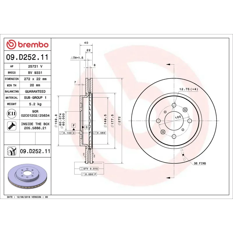 BREMBO 09.D252.11 Disco de freno (Unidad)