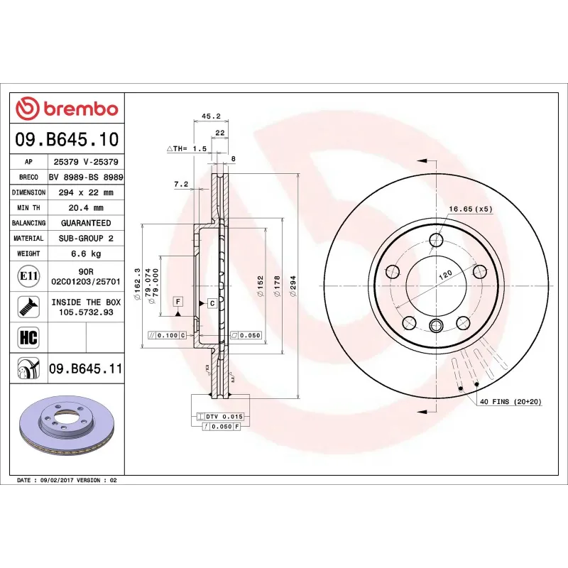 BREMBO 09.B645.10 Disco de freno (Unidad)