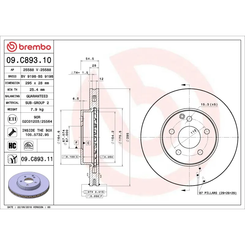BREMBO 09.C893.11 Disco de freno (Unidad)