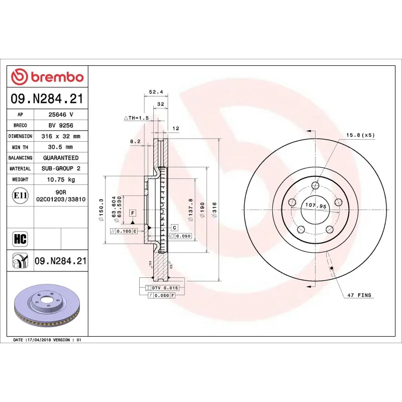 BREMBO 09.N284.21 Disco de freno (Unidad)