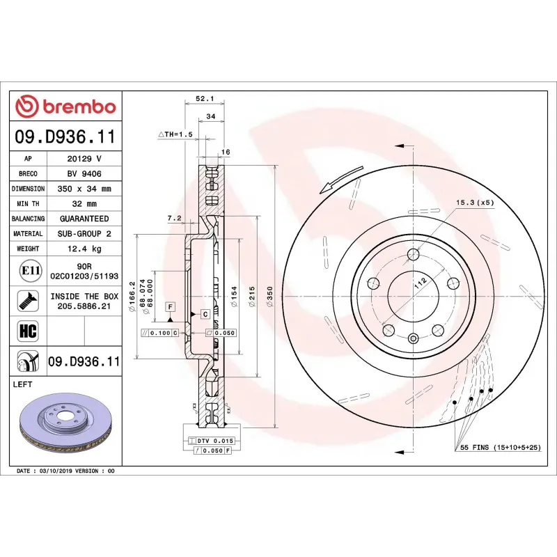BREMBO 09.D936.11 Disco de freno (Unidad)