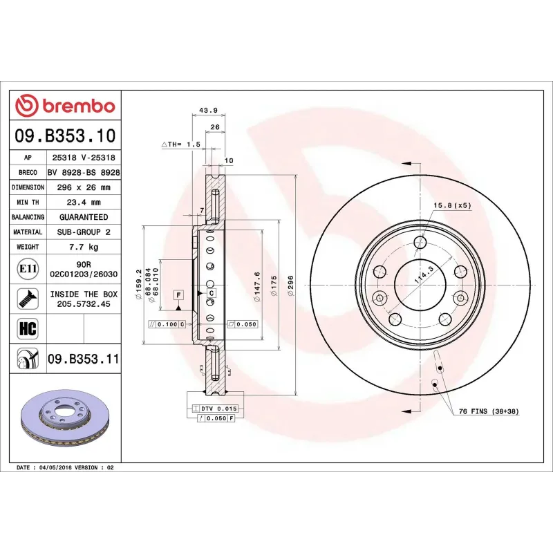 BREMBO 09.B353.10 Disco de freno (Unidad)