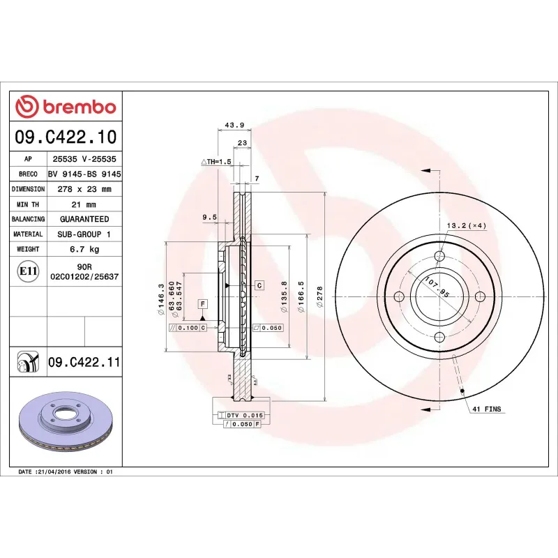 BREMBO 09.C422.11 Disco de freno (Unidad)