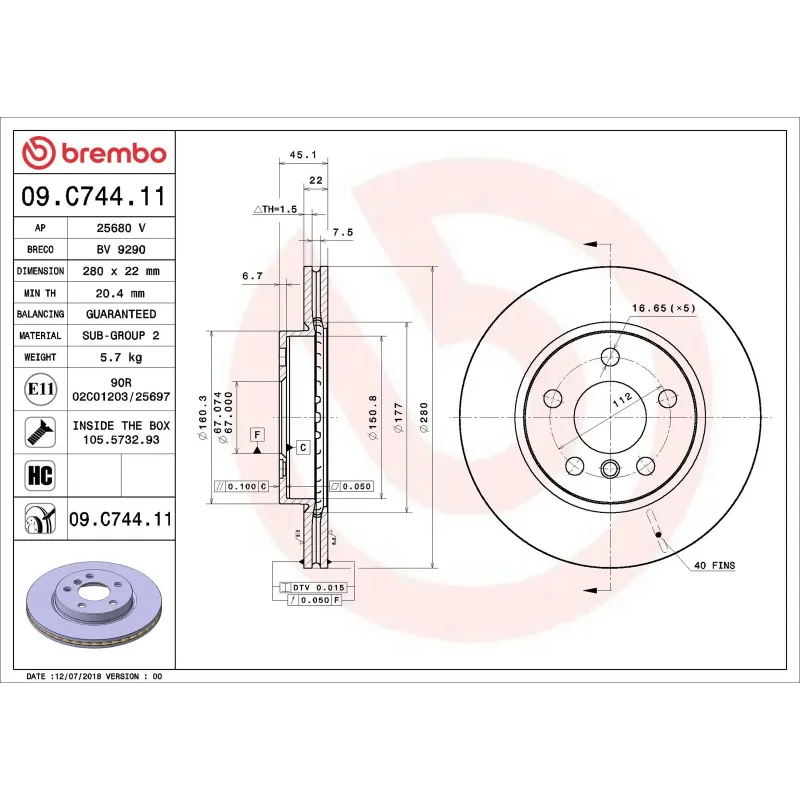 BREMBO 09.C744.11 Disco de freno (Unidad)