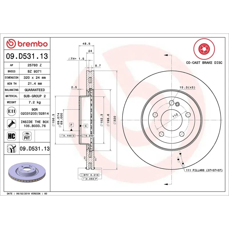 BREMBO 09.D531.13 Disco de freno (Unidad)