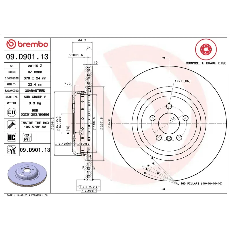 BREMBO 09.D901.13 Disco de freno (Unidad)