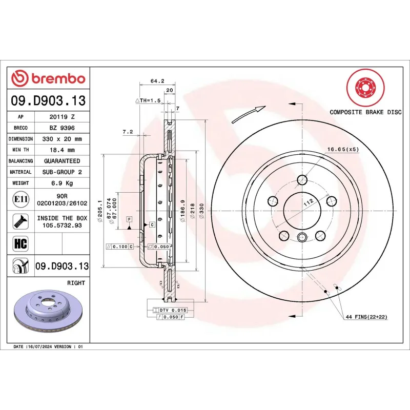 BREMBO 09.D903.13 Disco de freno (Unidad)