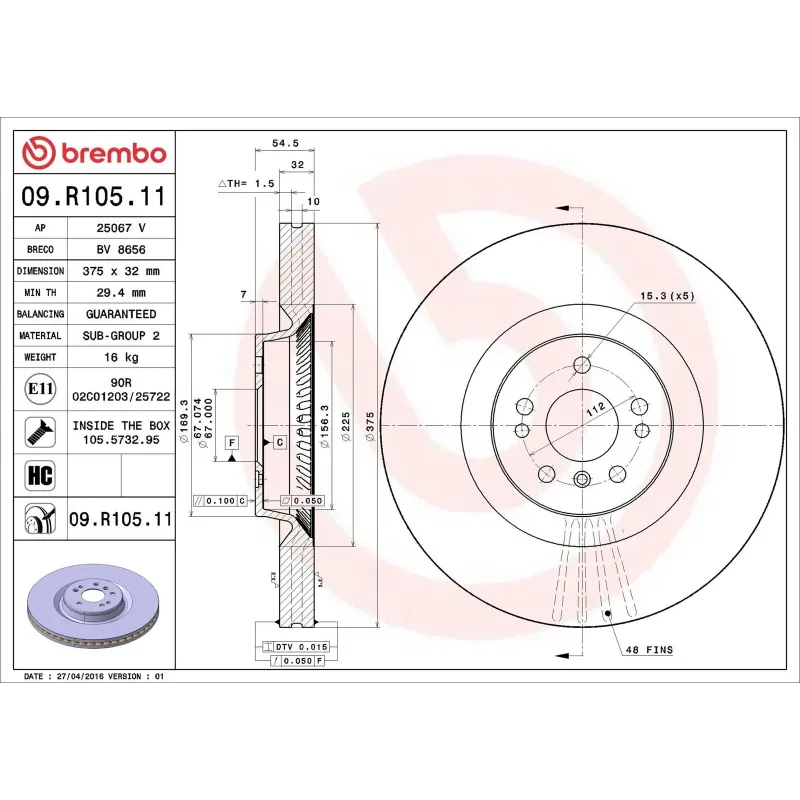 BREMBO 09.R105.11 Disco de freno (Unidad)