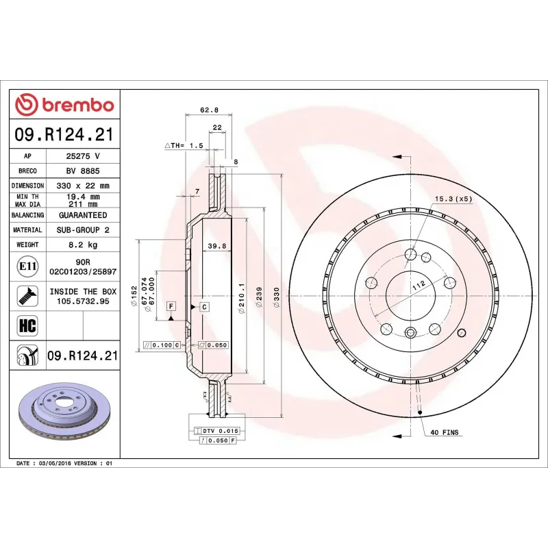 BREMBO 09.R124.21 Disco de freno (Unidad)