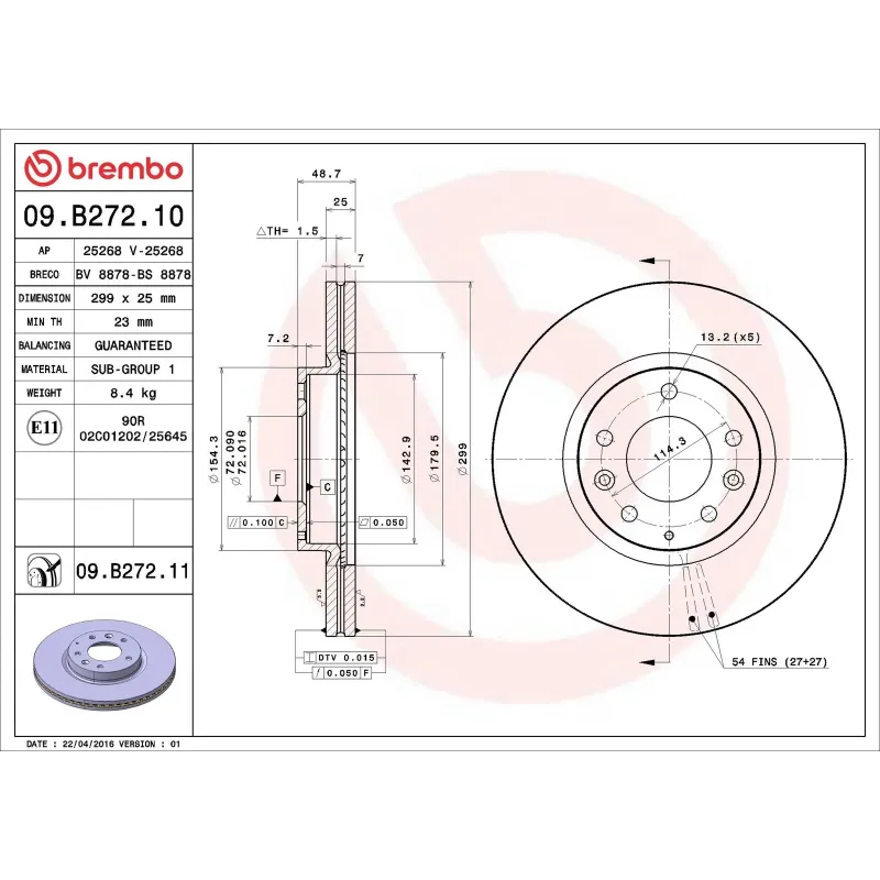 BREMBO 09.B272.10 Disco de freno (Unidad)