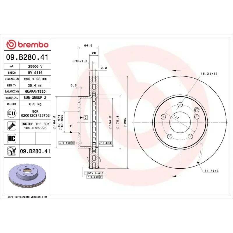BREMBO 09.B280.41 Disco de freno (Unidad)
