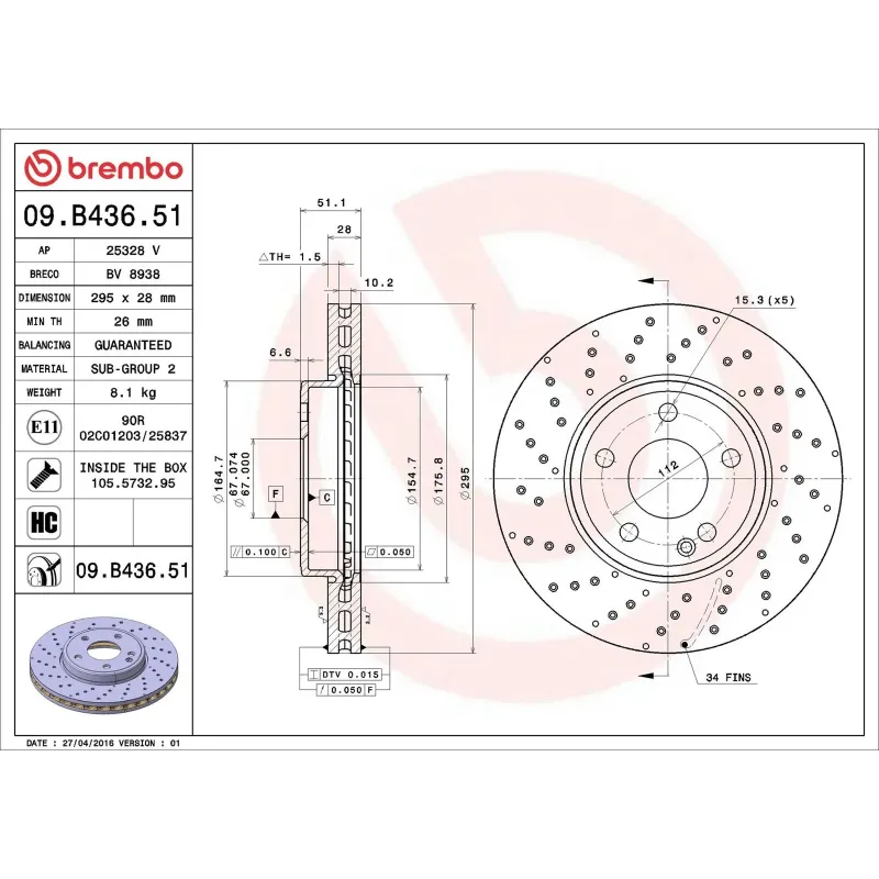 BREMBO 09.B436.51 Disco de freno (Unidad)