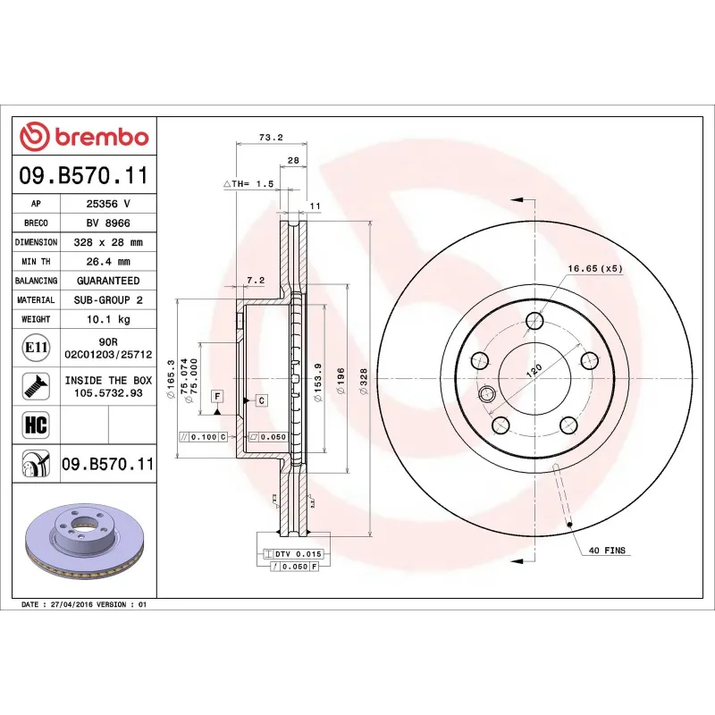 BREMBO 09.B570.11 Disco de freno (Unidad)