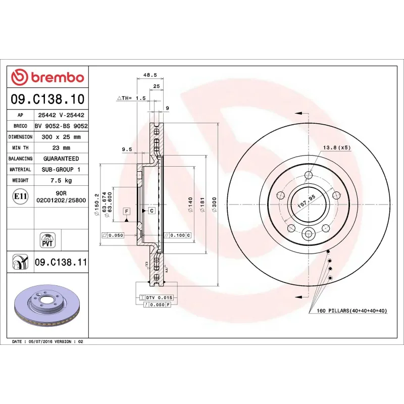 BREMBO 09.C138.10 Disco de freno (Unidad)