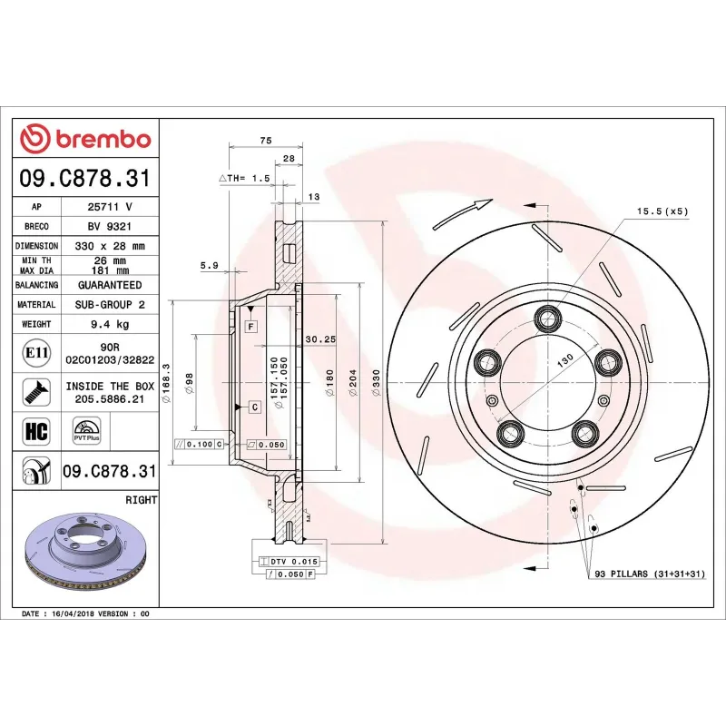BREMBO 09.C878.31 Disco de freno (Unidad)