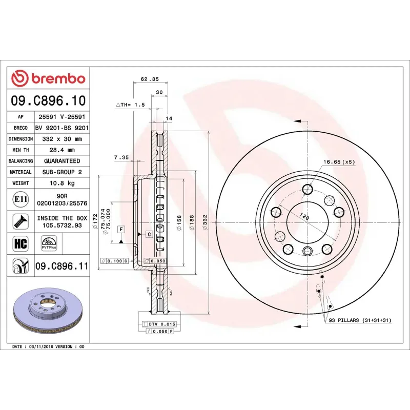 BREMBO 09.C896.11 Disco de freno (Unidad)