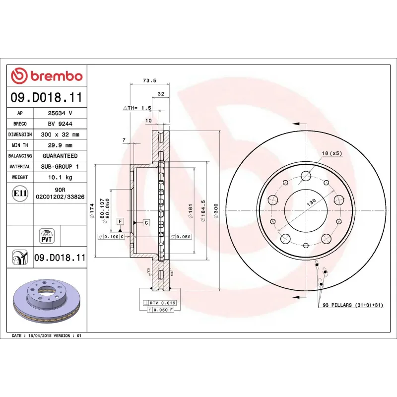 BREMBO 09.D018.11 Disco de freno (Unidad)