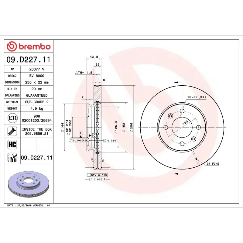 BREMBO 09.D227.11 Disco de freno (Unidad)