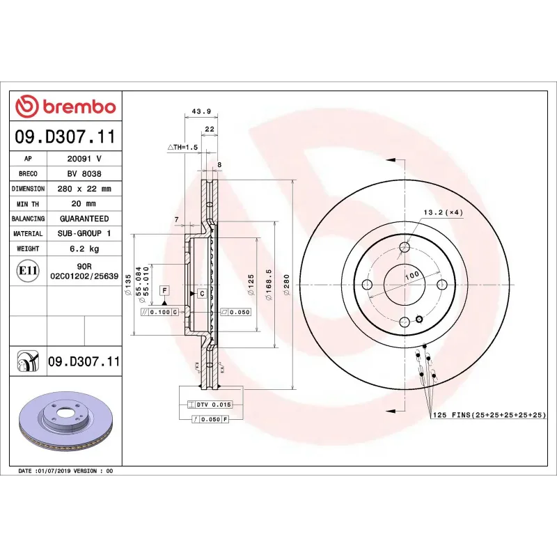 BREMBO 09.D307.11 Disco de freno (Unidad)