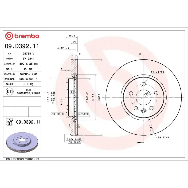 BREMBO 09.D392.11 Disco de freno (Unidad)