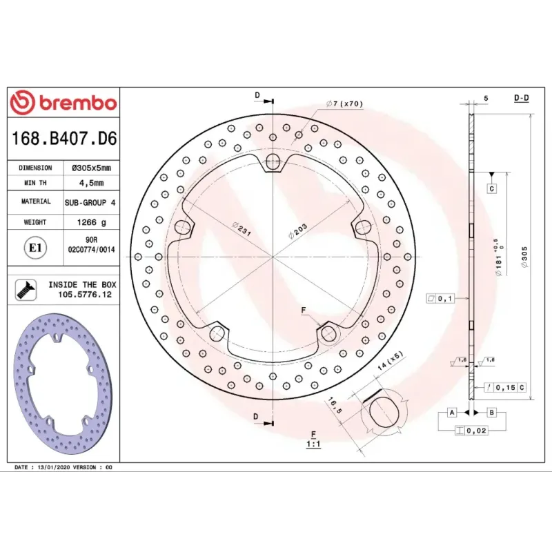 Disco de freno moto Brembo fijo Serie Oro 168B407D6